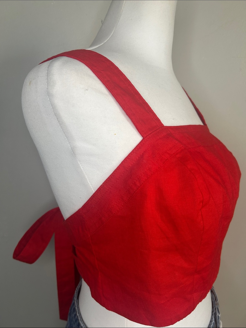 Express New Red Cotton Linen Blend Square-Neck Crop Tie Back Tank Top Wide Strap